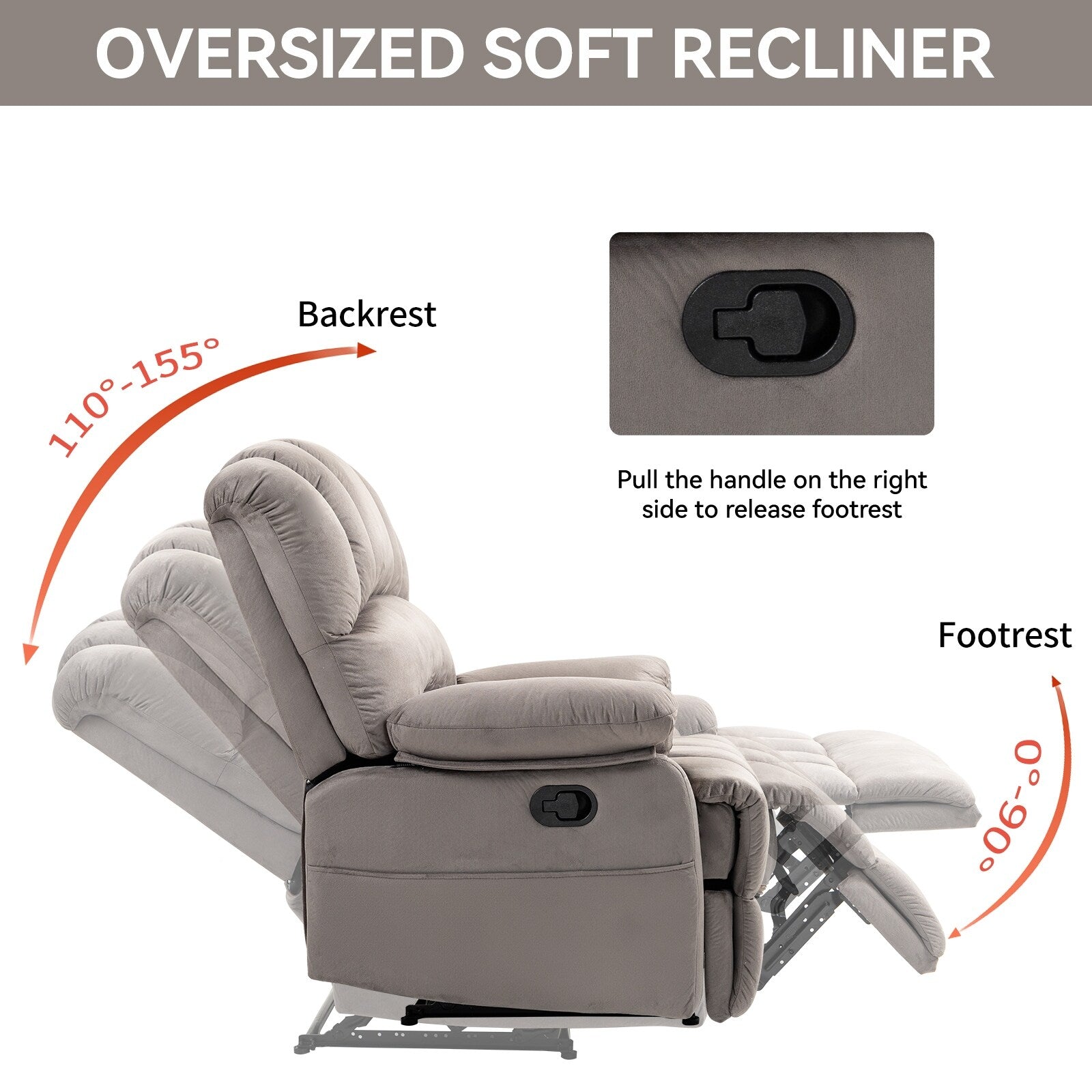 Fauteuil inclinable manuel surdimensionné en tissu gris avec 2 poches latérales et repose-pieds réglable