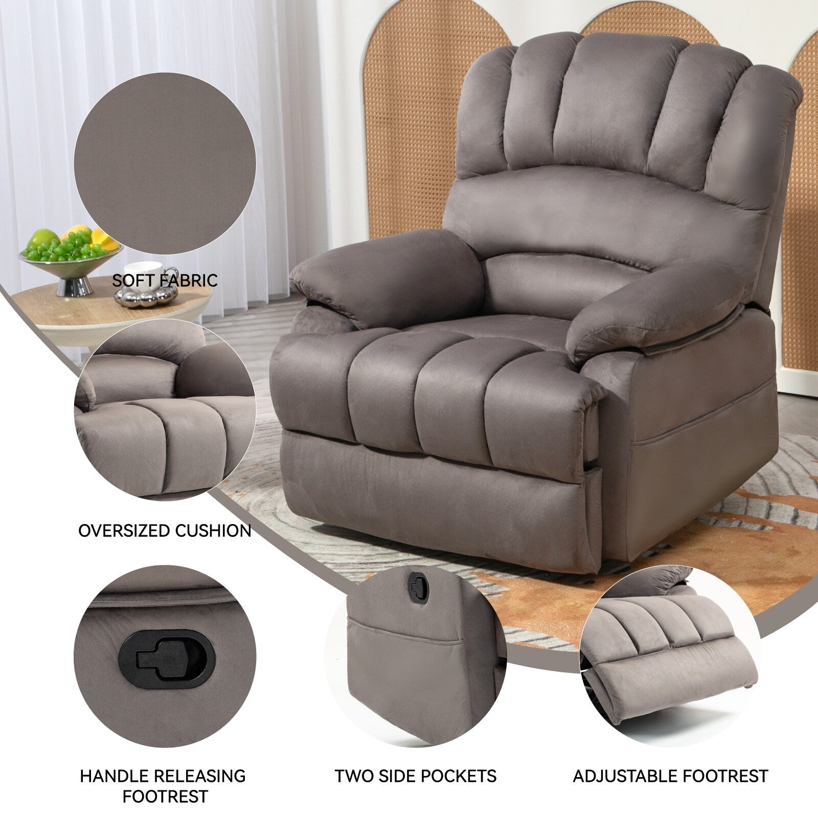 Fauteuil inclinable manuel surdimensionné en tissu gris avec 2 poches latérales et repose-pieds réglable