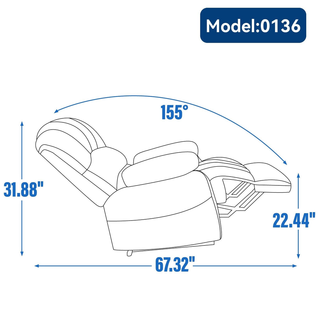 Fauteuil inclinable manuel surdimensionné en tissu gris avec 2 poches latérales et repose-pieds réglable