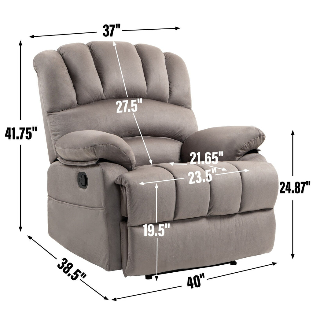 Fauteuil inclinable manuel surdimensionné en tissu gris avec 2 poches latérales et repose-pieds réglable