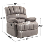 Fauteuil inclinable manuel surdimensionné en tissu gris avec 2 poches latérales et repose-pieds réglable