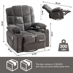 Fauteuil inclinable à bascule surdimensionné gris avec massage et chauffage, 2 porte-gobelets, port de chargement USB, inclinaison à 150° et bascule à 30°
