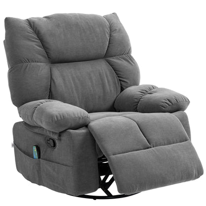 Fauteuil inclinable manuel pivotant surdimensionné gris avec massage par vibrations, chauffage et repose-pieds, 4 poches latérales et télécommande