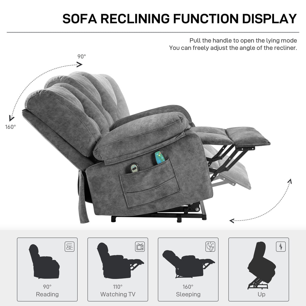 Fauteuil inclinable massant électrique surdimensionné en velours gris avec massage par vibration à 8 points, chauffage lombaire et poches latérales