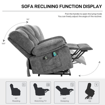 Fauteuil inclinable massant électrique surdimensionné en velours gris avec massage par vibration à 8 points, chauffage lombaire et poches latérales