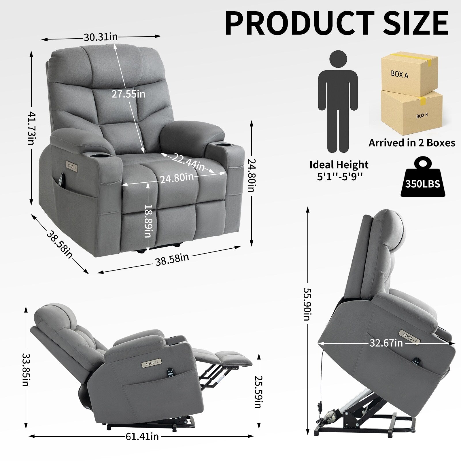 Fauteuil inclinable électrique gris avec moteur Okin, massage par vibrations à 8 points, chauffage lombaire, ports USB et Type-C, deux porte-gobelets