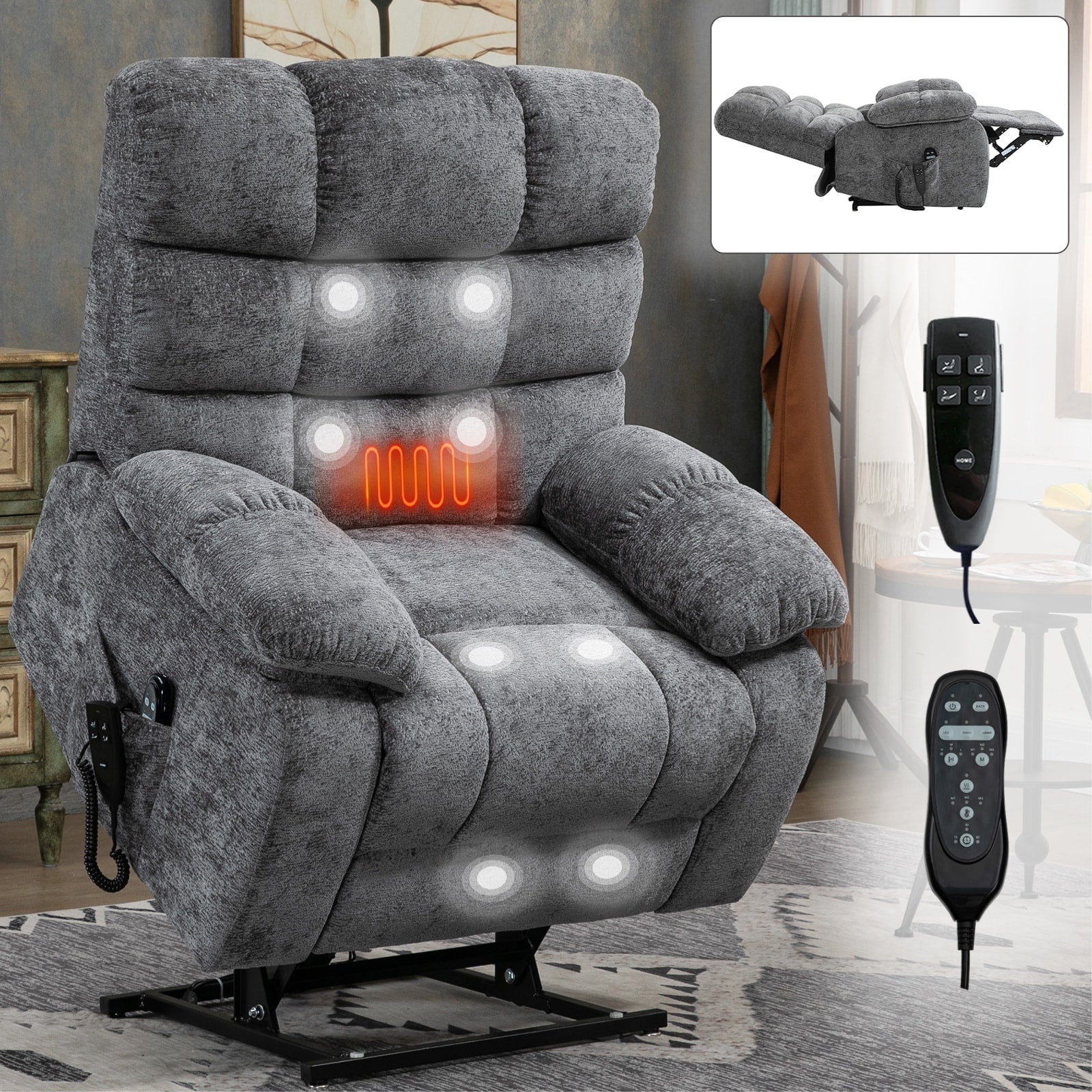 Fauteuil inclinable électrique gris avec chauffage, massage et double moteur