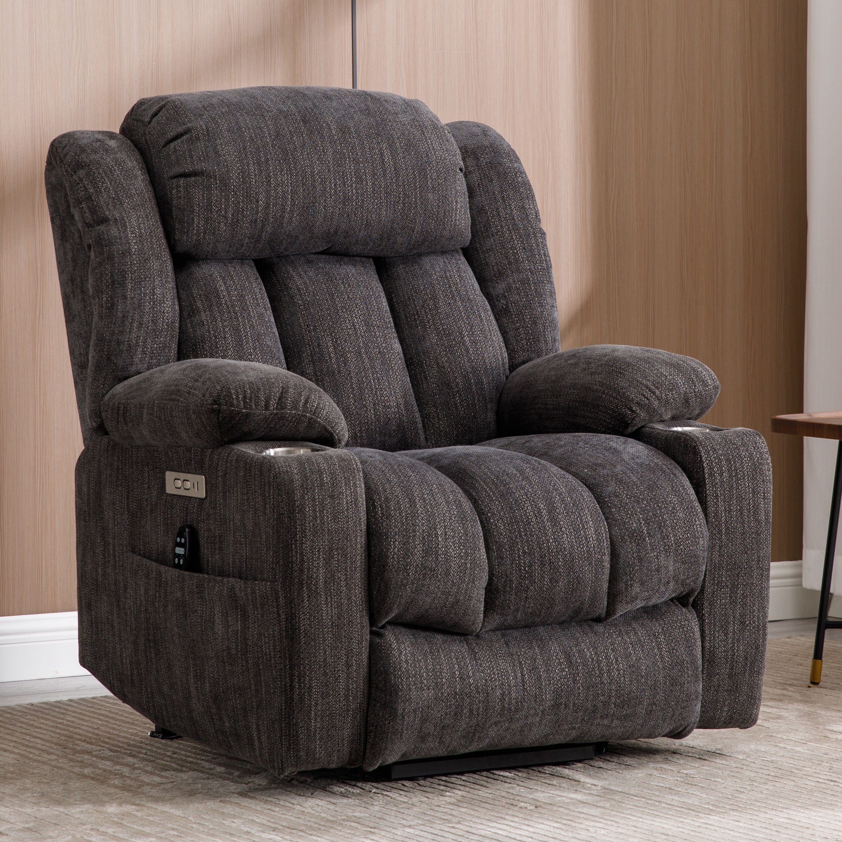 Fauteuil inclinable électrique gris avec chauffage lombaire, massage, ports de charge USB et Type-C et porte-gobelets en acier inoxydable
