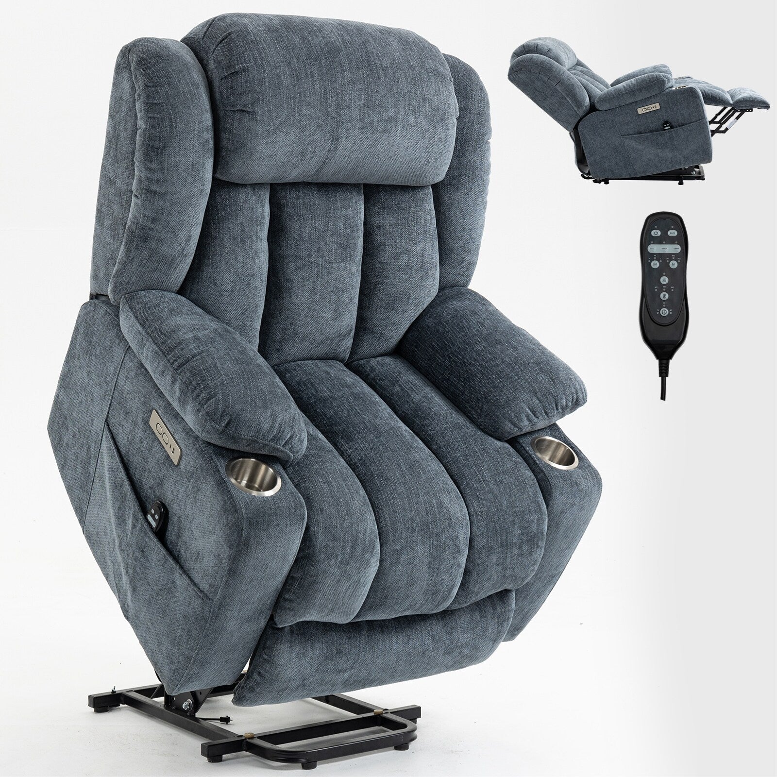 Fauteuil inclinable électrique gris avec massage, chauffage et porte-gobelets