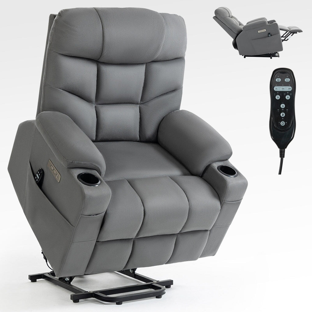 Fauteuil inclinable électrique gris avec massage, chauffage et ports USB