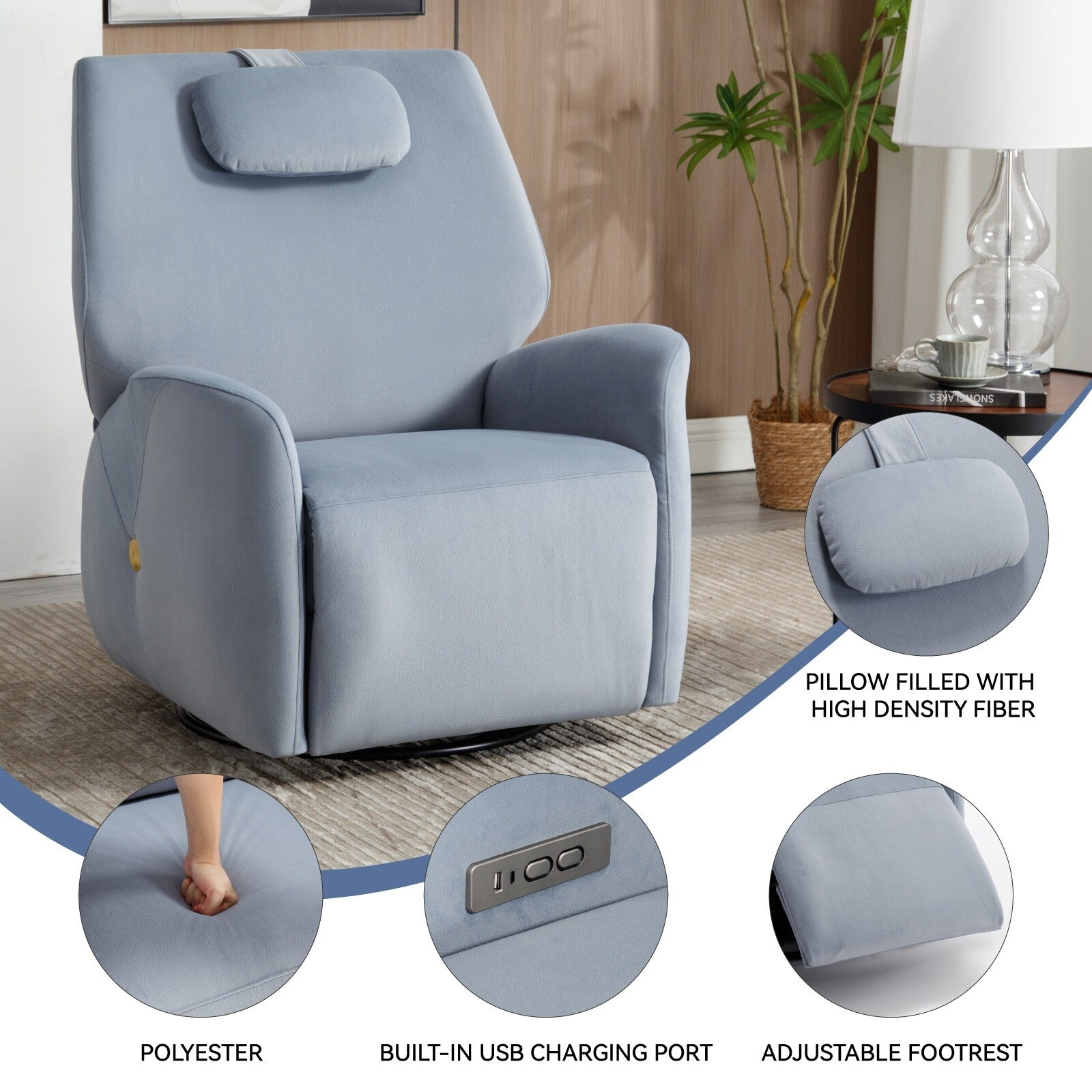 Fauteuil inclinable électrique gris pivotant à 270° et ports de chargement USB