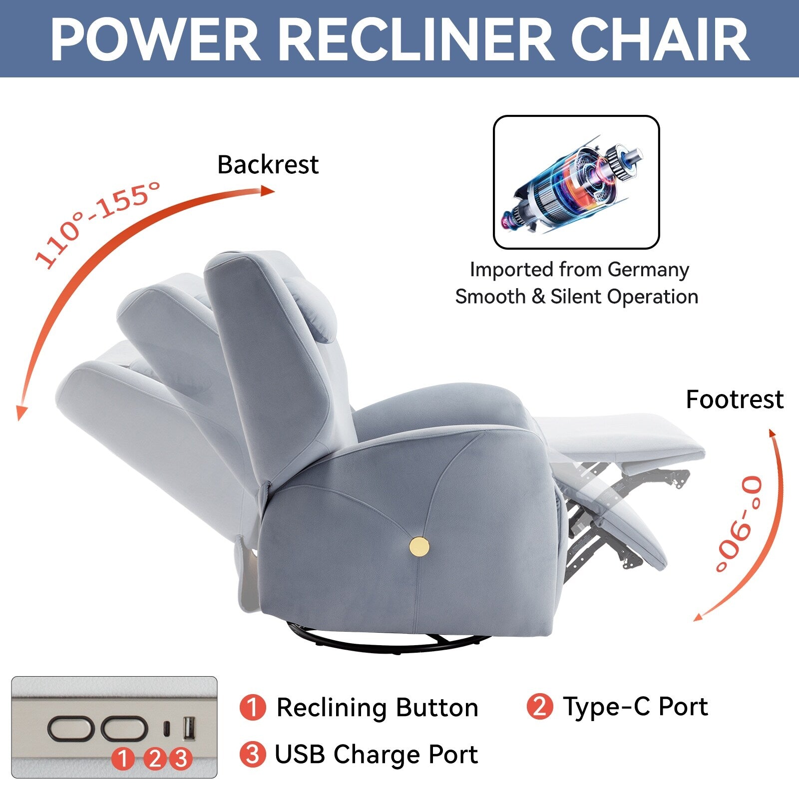 Fauteuil inclinable électrique gris pivotant à 270° et ports de chargement USB