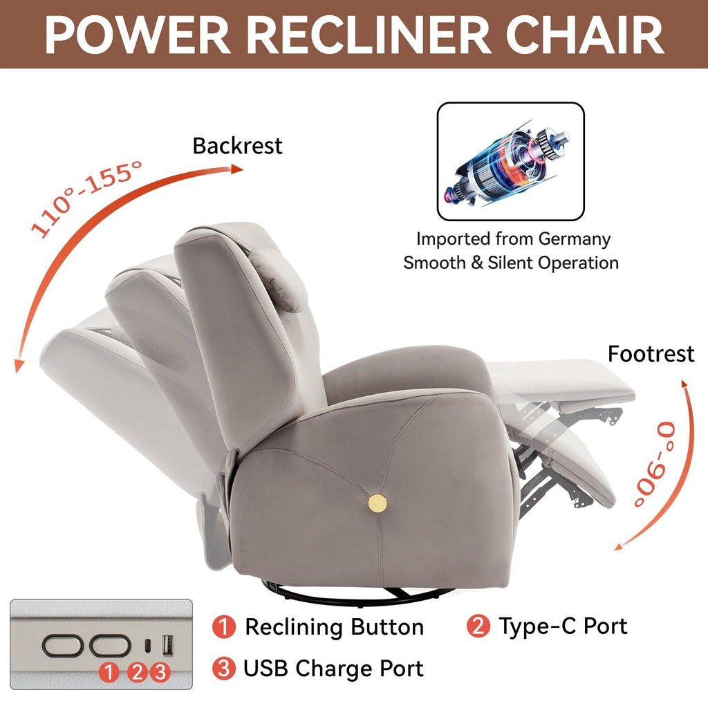 Fauteuil inclinable électrique gris pivotant à 270° et ports de chargement USB