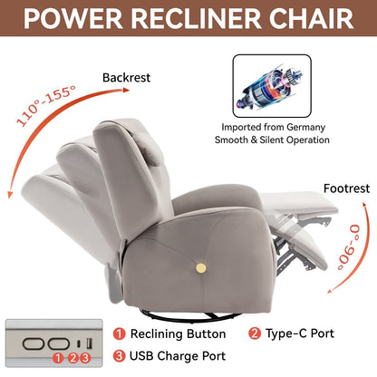 Fauteuil inclinable électrique gris pivotant à 270° et ports de chargement USB