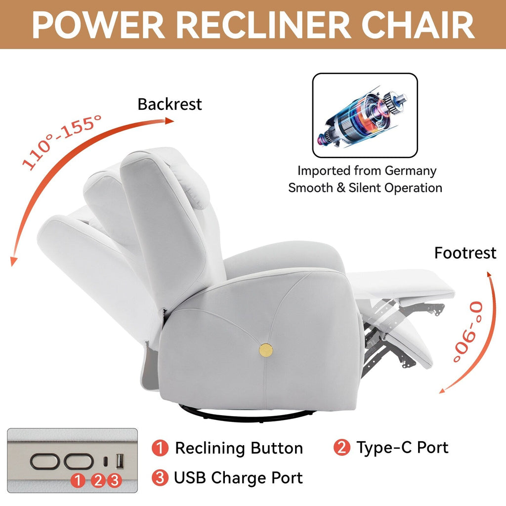 Fauteuil inclinable électrique gris pivotant à 270° et ports de chargement USB