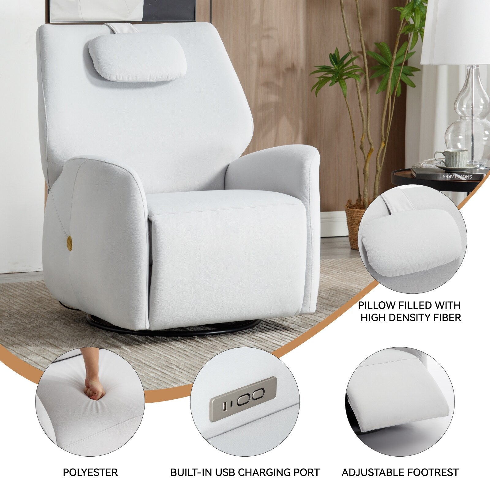 Fauteuil inclinable électrique gris pivotant à 270° et ports de chargement USB