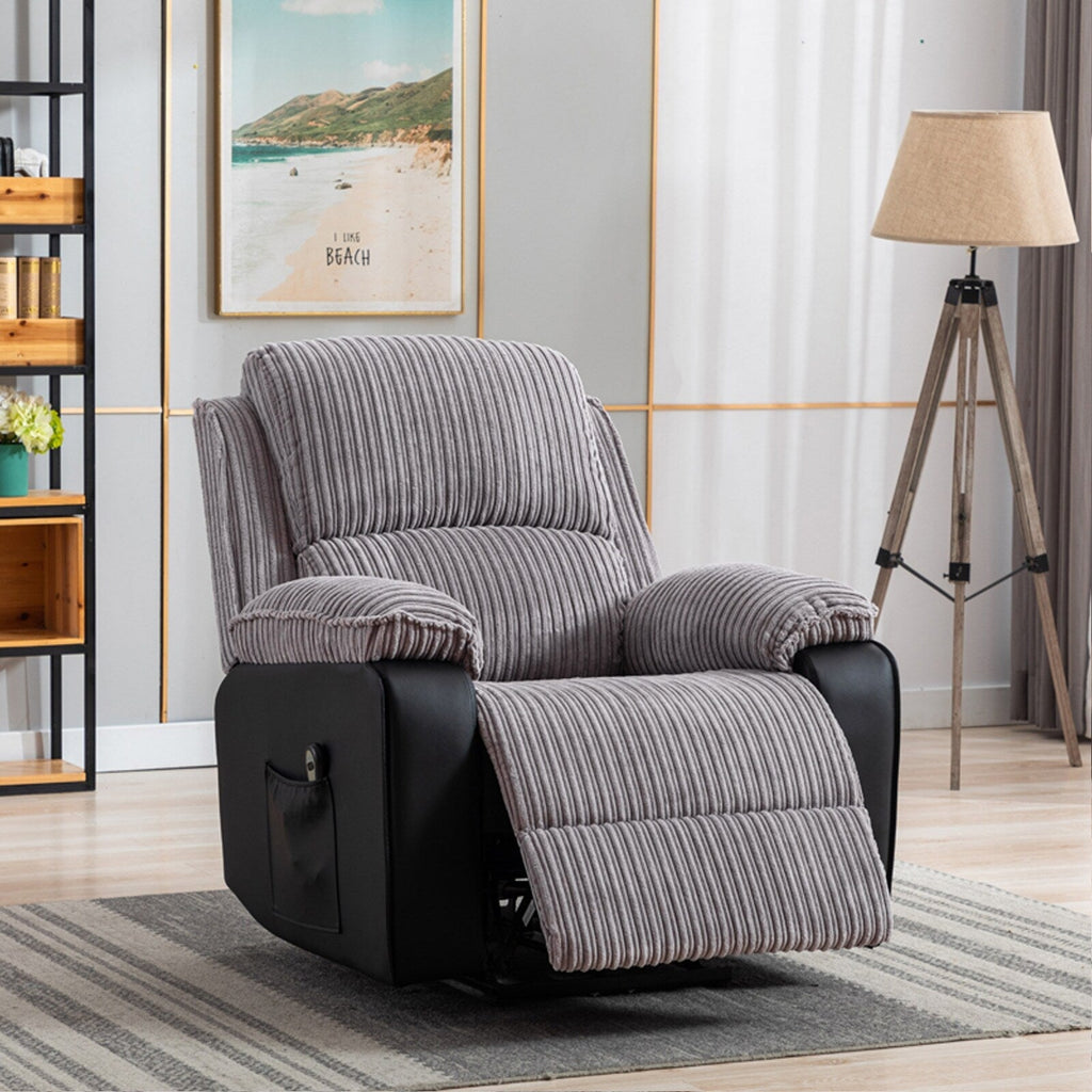Fauteuil inclinable gris avec télécommande électrique, dossier et repose-pieds réglables pour un confort ultime dans le salon
