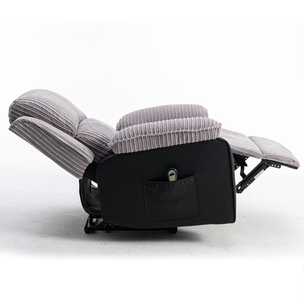 Fauteuil inclinable gris avec télécommande électrique, dossier et repose-pieds réglables pour un confort ultime dans le salon
