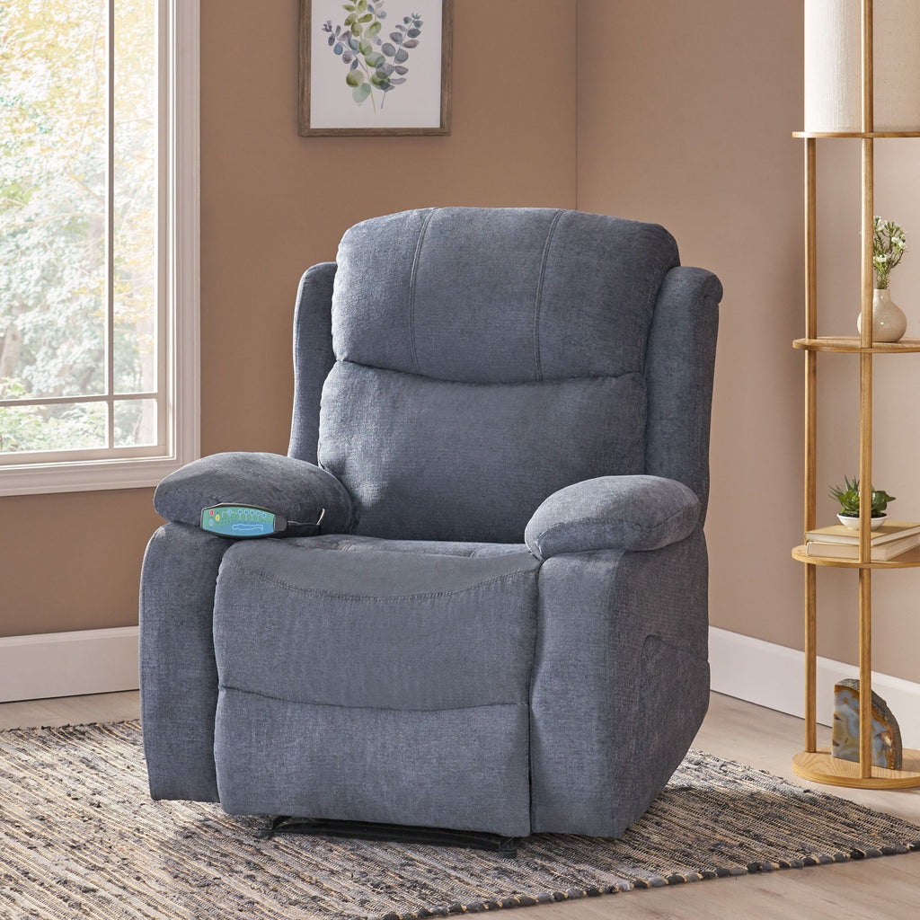 Fauteuil de massage inclinable gris capitonné avec chauffage, 5 modes de massage, inclinaison manuelle, télécommande et poche latérale