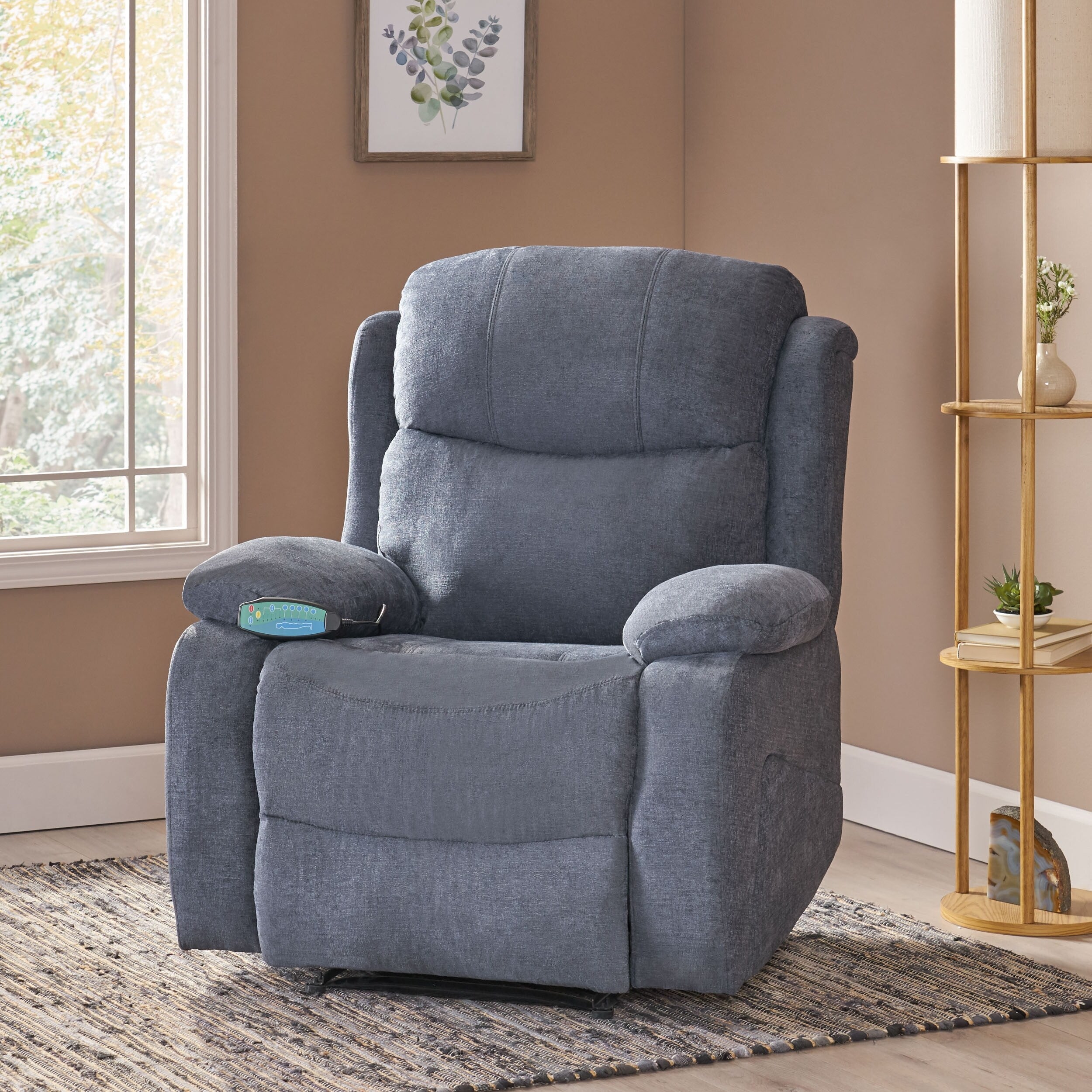 Fauteuil de massage inclinable gris capitonné avec chauffage, 5 modes de massage, inclinaison manuelle, télécommande et poche latérale