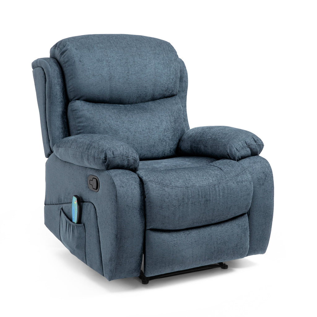 Fauteuil de massage inclinable gris capitonné avec chauffage, 5 modes de massage, inclinaison manuelle, télécommande et poche latérale