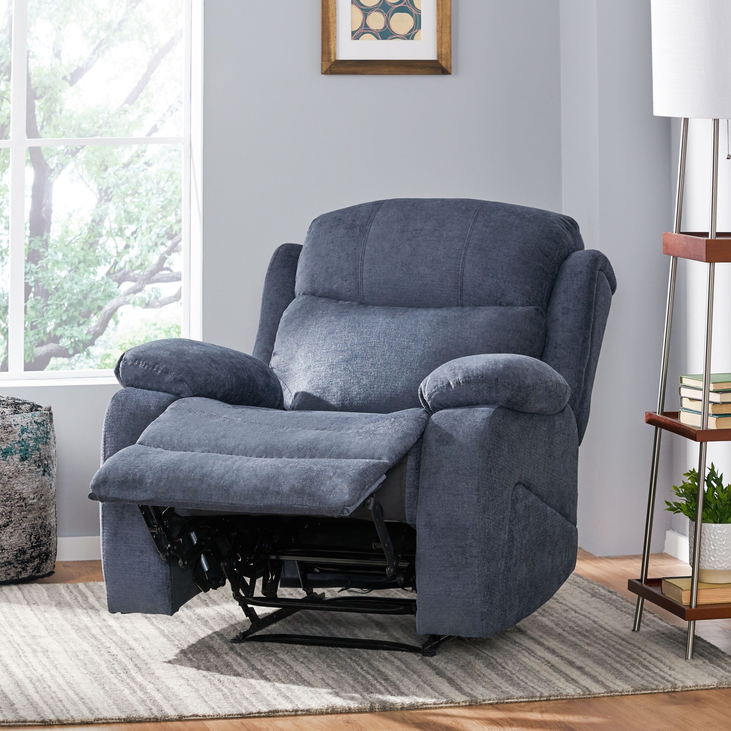 Fauteuil de massage inclinable gris capitonné avec chauffage, 5 modes de massage, inclinaison manuelle, télécommande et poche latérale