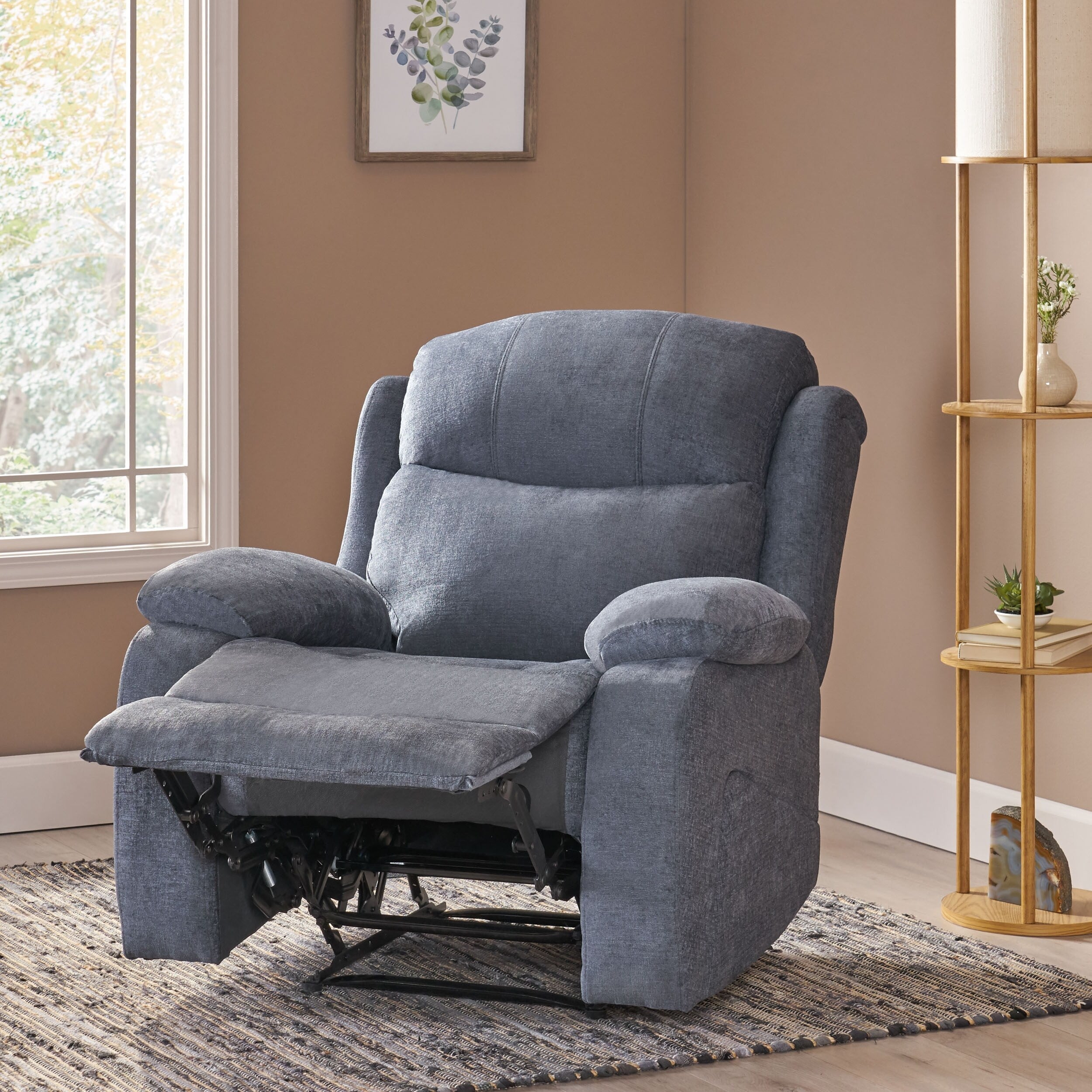 Fauteuil de massage inclinable gris capitonné avec chauffage, 5 modes de massage, inclinaison manuelle, télécommande et poche latérale