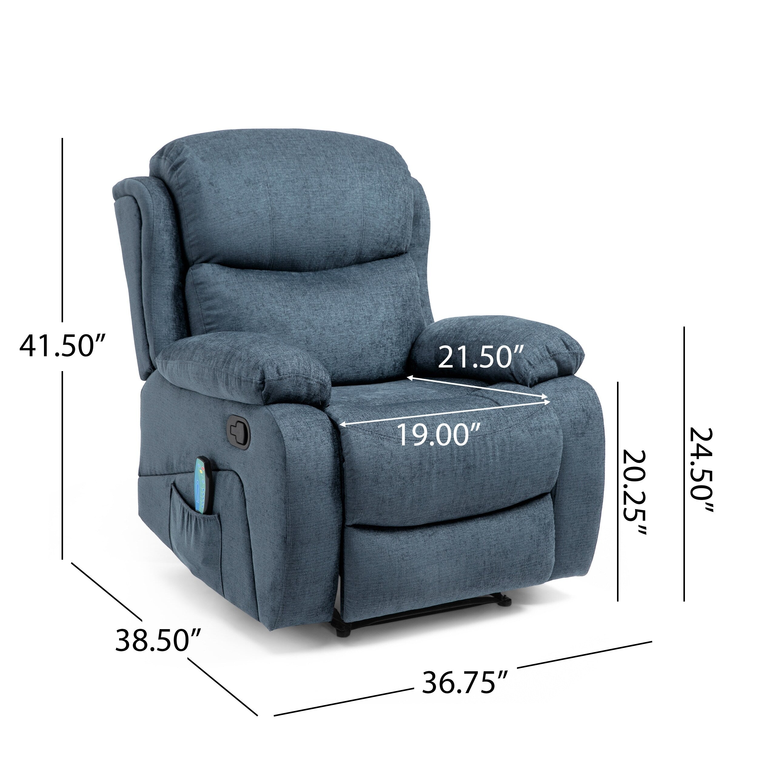 Fauteuil de massage inclinable gris capitonné avec chauffage, 5 modes de massage, inclinaison manuelle, télécommande et poche latérale