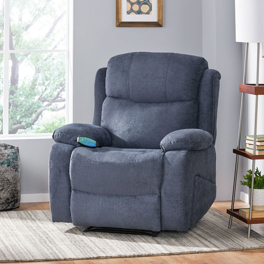 Fauteuil de massage inclinable gris capitonné avec chauffage, 5 modes de massage, inclinaison manuelle, télécommande et poche latérale