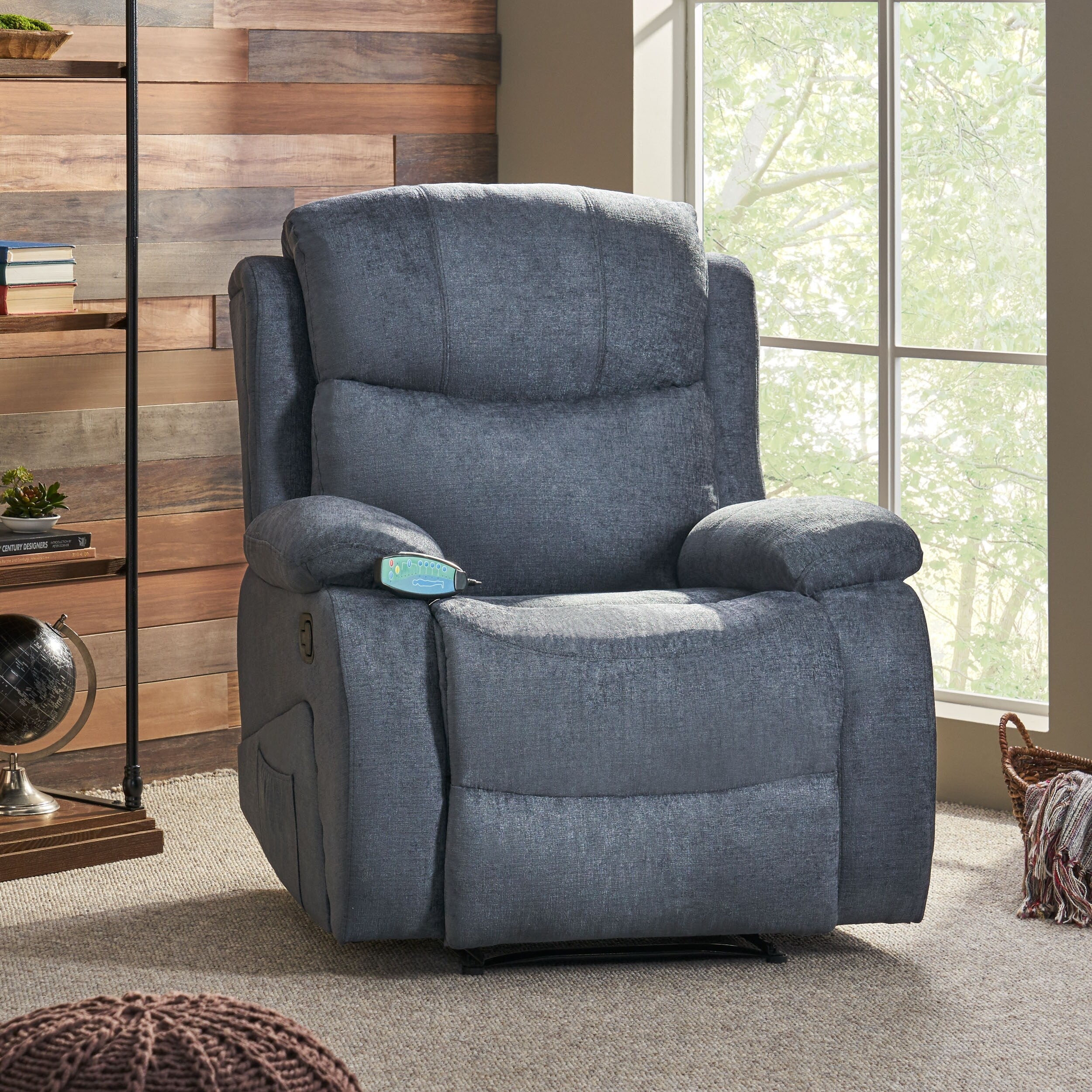 Fauteuil de massage inclinable gris capitonné avec chauffage, 5 modes de massage, inclinaison manuelle, télécommande et poche latérale
