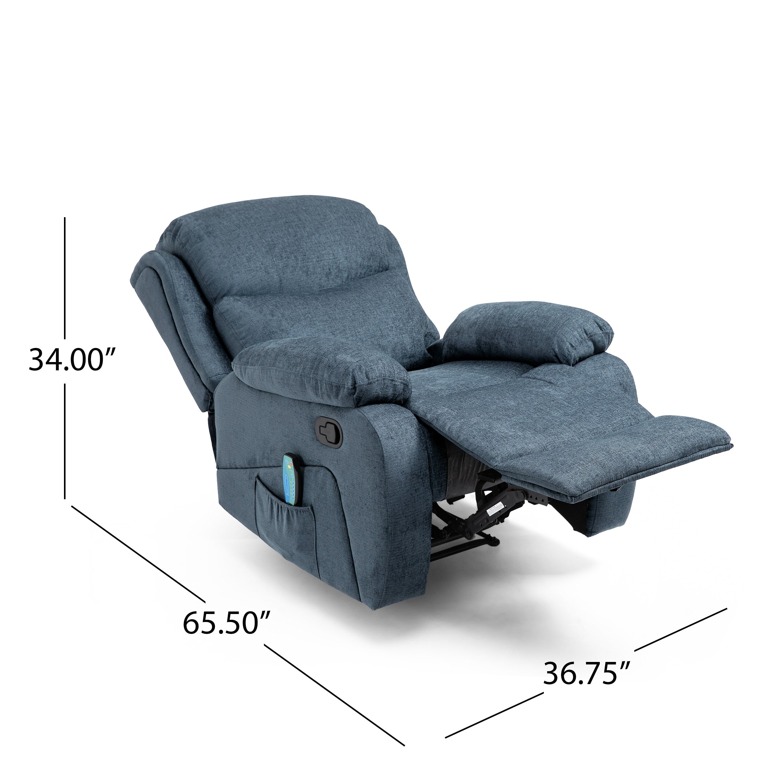 Fauteuil de massage inclinable gris capitonné avec chauffage, 5 modes de massage, inclinaison manuelle, télécommande et poche latérale