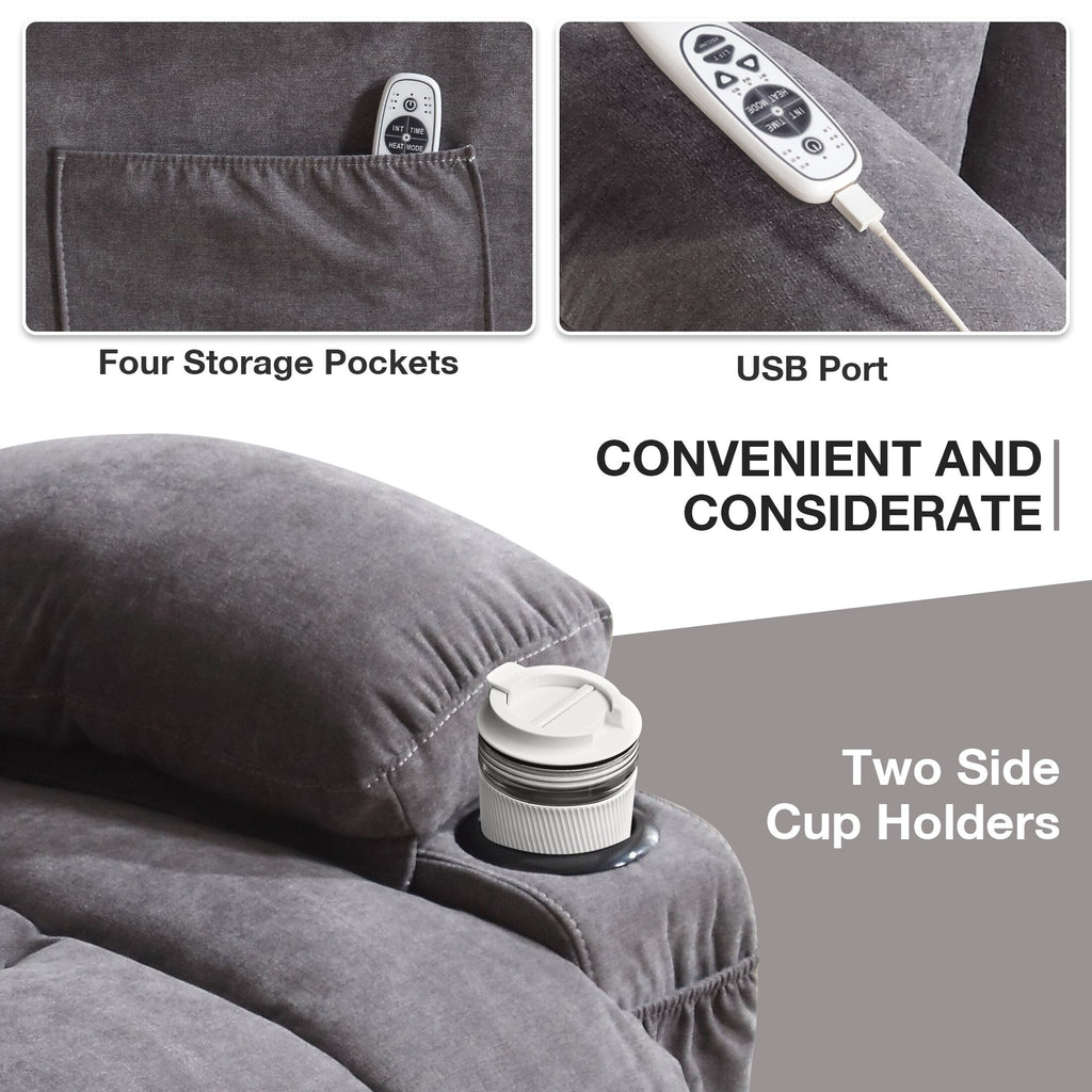 Fauteuil inclinable électrique surdimensionné en velours gris avec massage, chauffage lombaire, port USB et 2 porte-gobelets