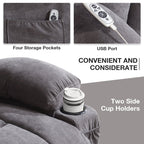 Fauteuil inclinable électrique surdimensionné en velours gris avec massage, chauffage lombaire, port USB et 2 porte-gobelets