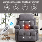 Fauteuil inclinable électrique surdimensionné en velours gris avec massage, chauffage lombaire, port USB et 2 porte-gobelets