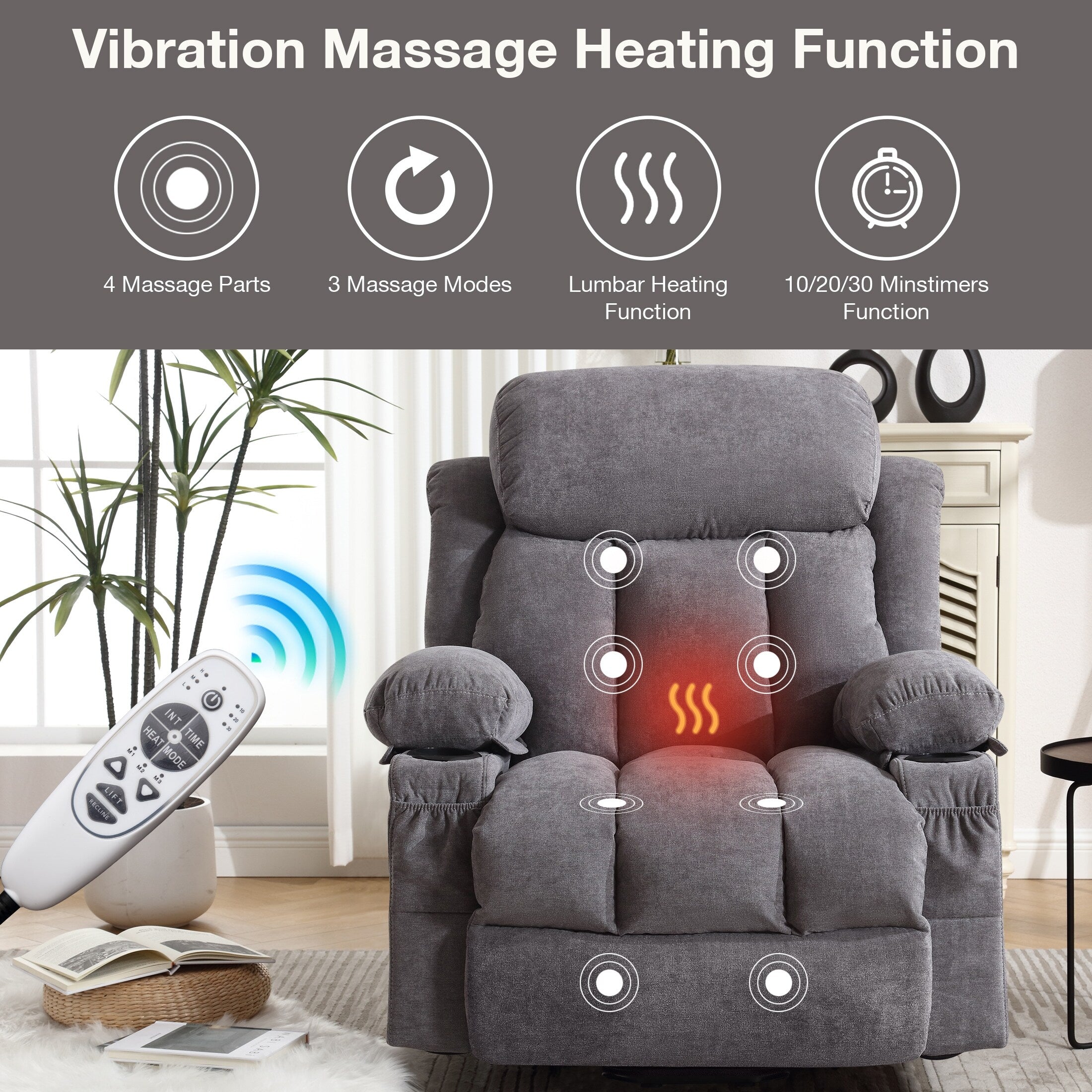 Fauteuil inclinable électrique surdimensionné en velours gris avec massage, chauffage lombaire, port USB et 2 porte-gobelets