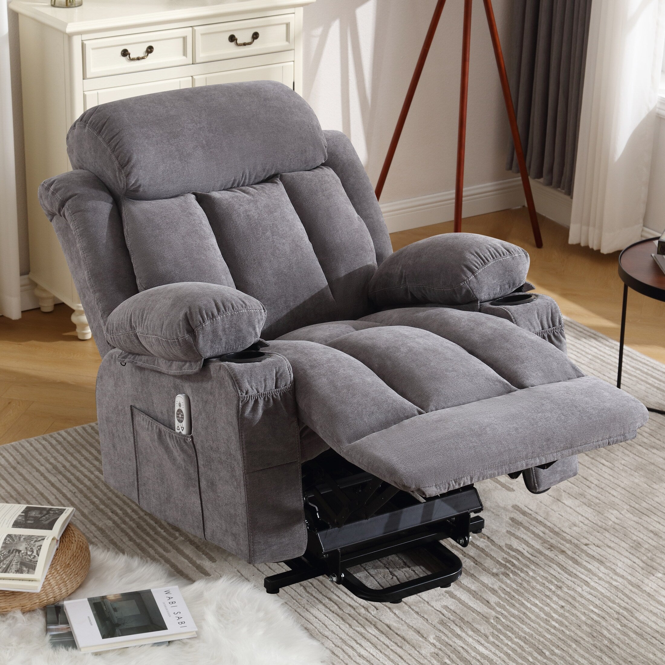Fauteuil inclinable électrique surdimensionné en velours gris avec massage, chauffage lombaire, port USB et 2 porte-gobelets