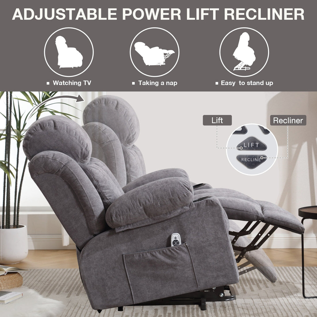 Fauteuil inclinable électrique surdimensionné en velours gris avec massage, chauffage lombaire, port USB et 2 porte-gobelets