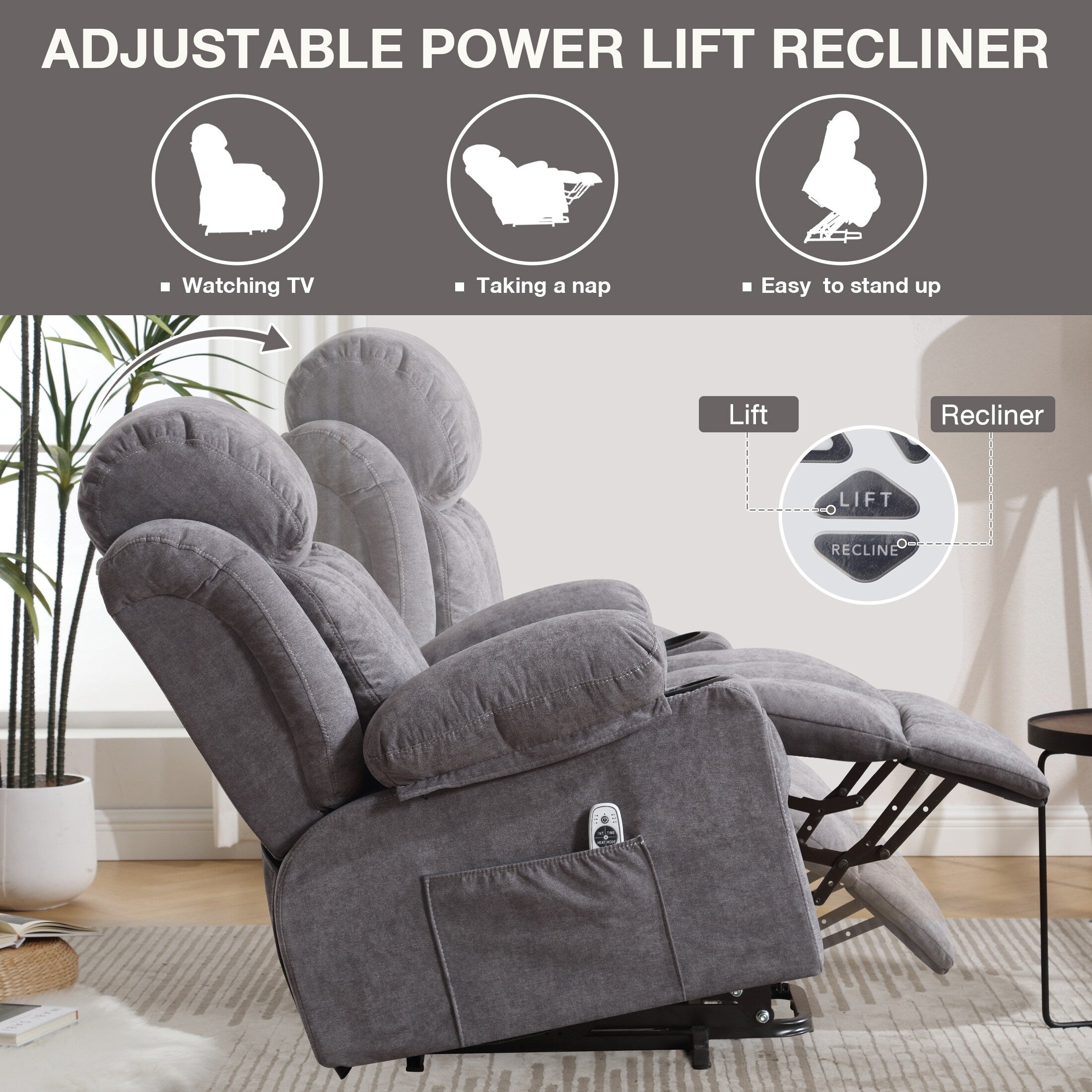 Fauteuil inclinable électrique surdimensionné en velours gris avec massage, chauffage lombaire, port USB et 2 porte-gobelets