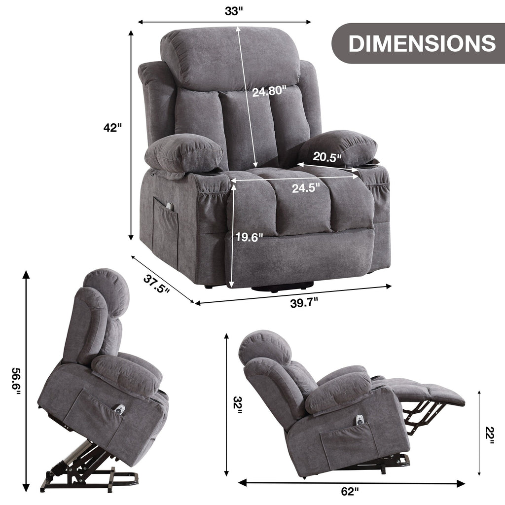 Fauteuil inclinable électrique surdimensionné en velours gris avec massage, chauffage lombaire, port USB et 2 porte-gobelets