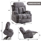 Fauteuil inclinable électrique surdimensionné en velours gris avec massage, chauffage lombaire, port USB et 2 porte-gobelets