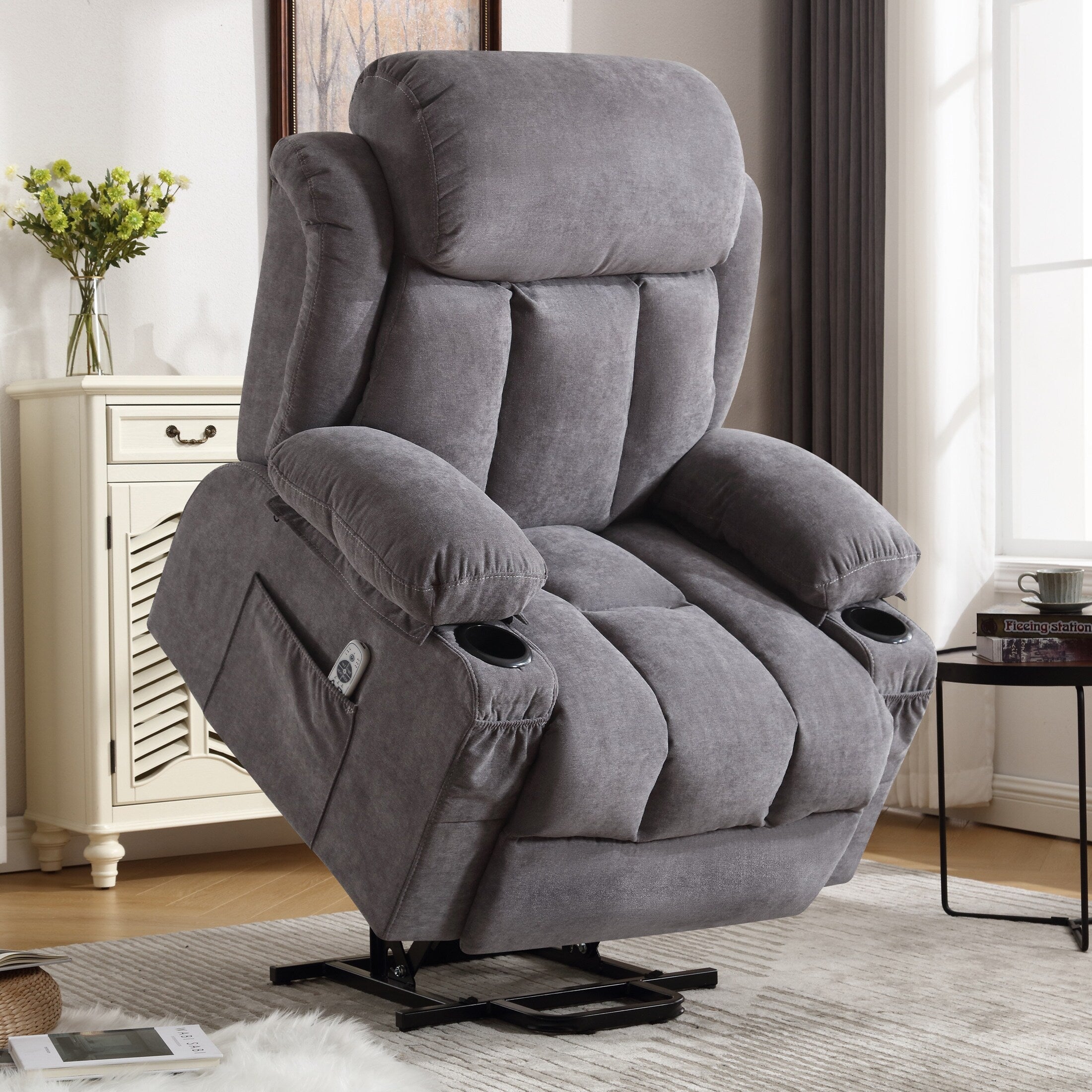 Fauteuil inclinable électrique surdimensionné en velours gris avec massage, chauffage lombaire, port USB et 2 porte-gobelets