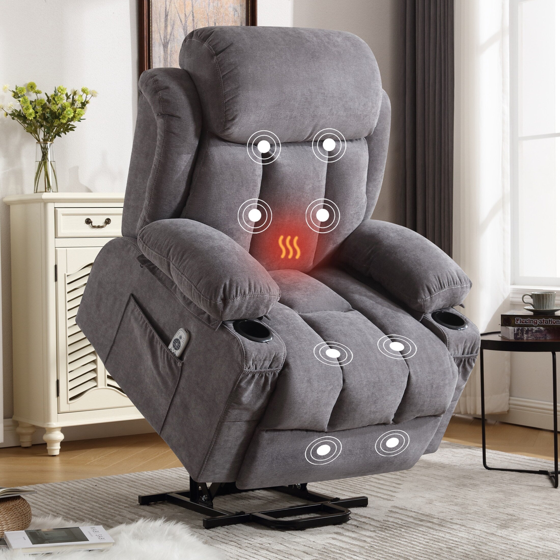 Fauteuil inclinable électrique surdimensionné en velours gris avec massage, chauffage lombaire, port USB et 2 porte-gobelets