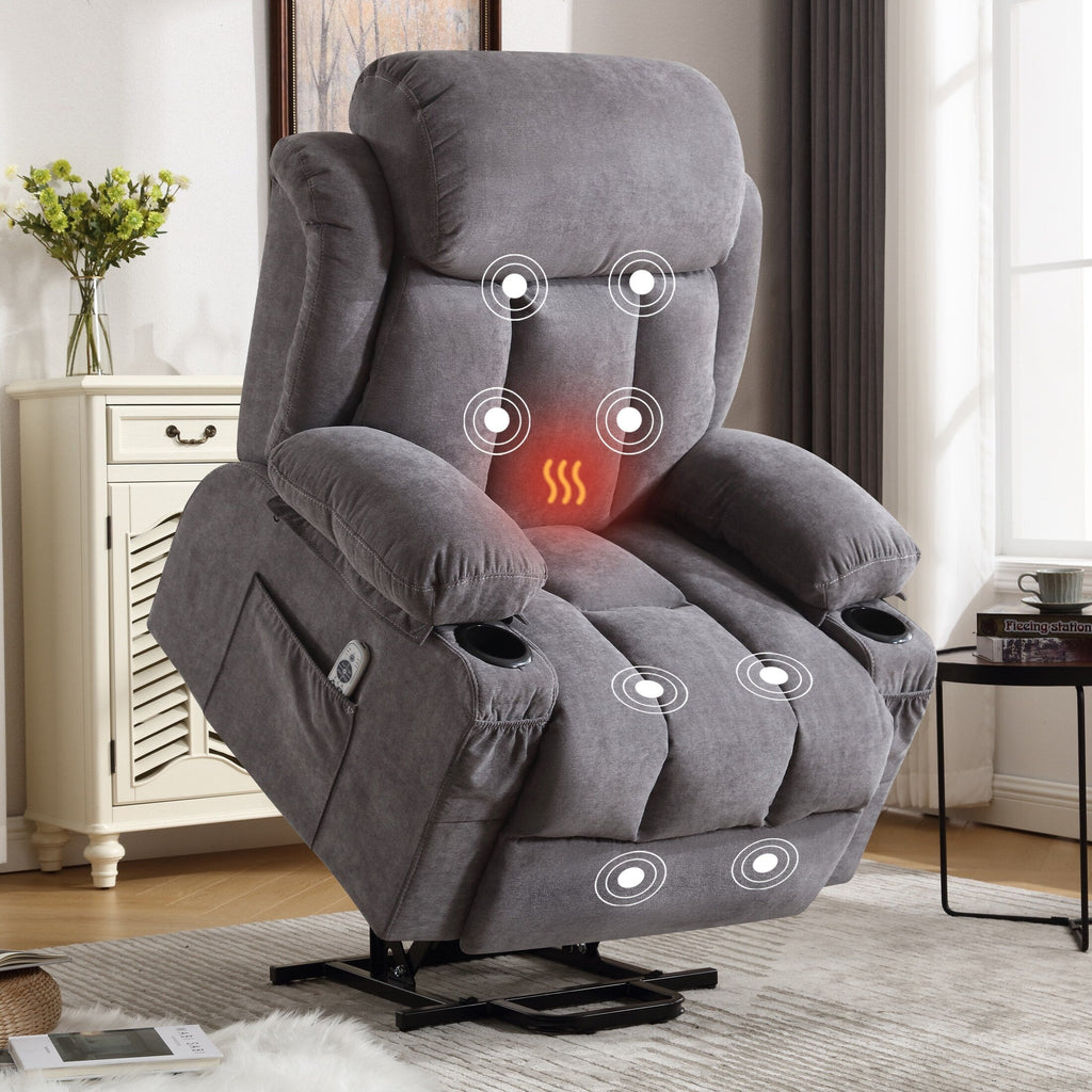 Fauteuil inclinable massant électrique surdimensionné en velours gris avec massage, chauffage lombaire, 2 porte-gobelets et port USB