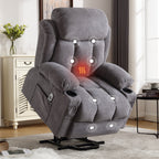 Fauteuil inclinable massant électrique surdimensionné en velours gris avec massage, chauffage lombaire, 2 porte-gobelets et port USB