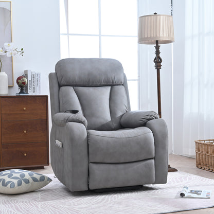 Fauteuil inclinable électrique gris à siège large pour personnes âgées avec télécommande, poche latérale et options d'inclinaison réglables