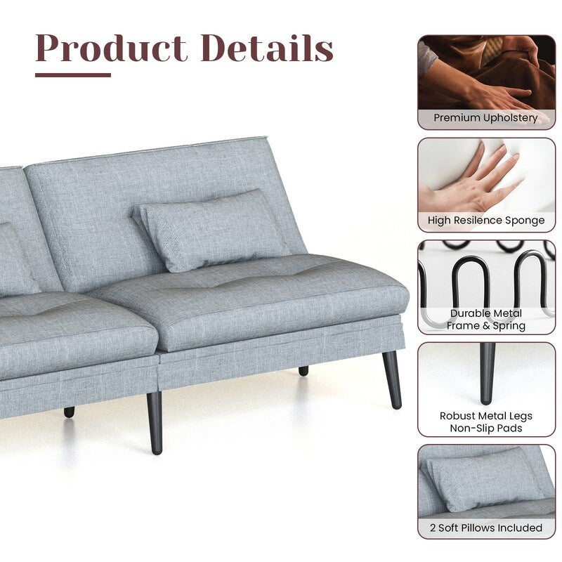 Canapé-lit futon convertible Grondin, dossier réglable sur 5 positions avec 2 oreillers, fauteuil inclinable de style moderne