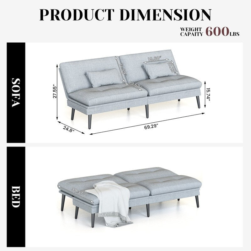Canapé-lit futon convertible Grondin, dossier réglable sur 5 positions avec 2 oreillers, fauteuil inclinable de style moderne