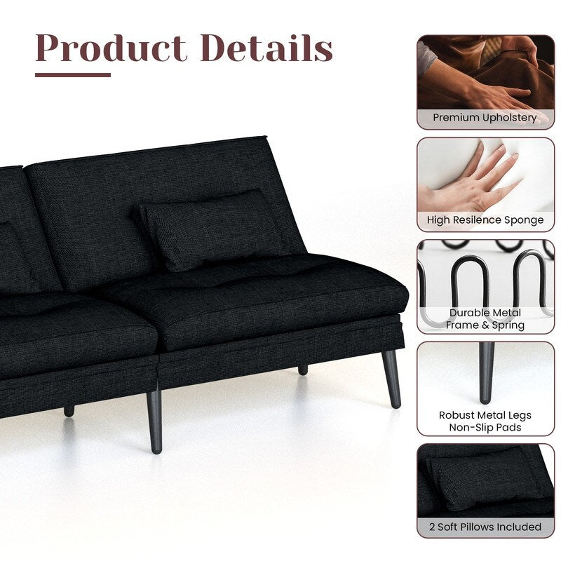 Canapé-lit futon convertible Grondin, dossier réglable sur 5 positions avec 2 oreillers, fauteuil inclinable de style moderne