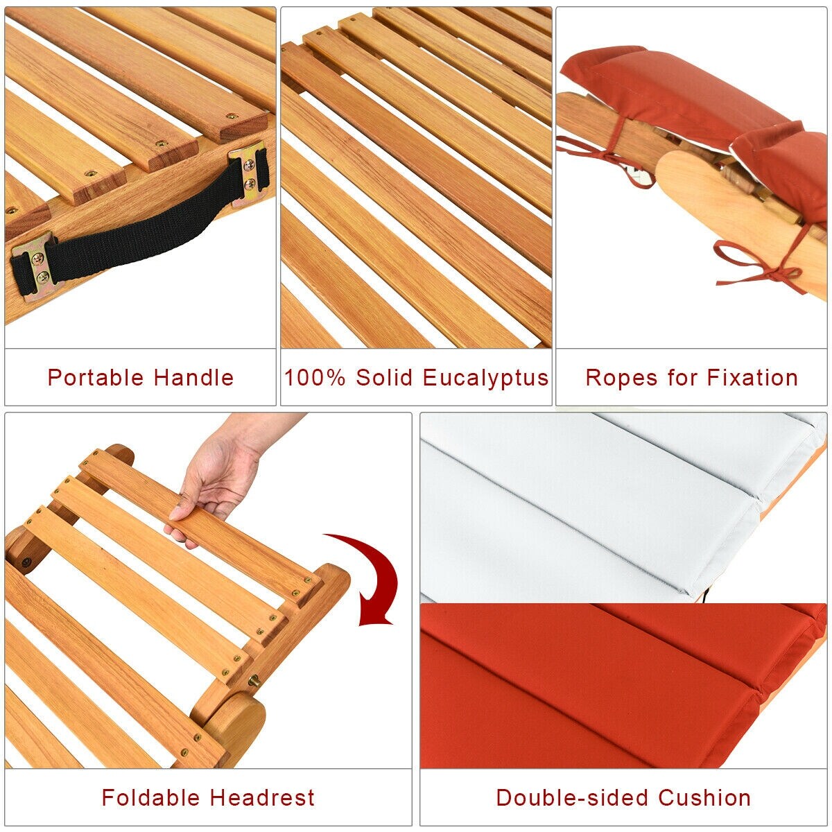 Chaise longue pliante d'extérieur Gymax 2 pièces en eucalyptus avec - Voir les détails
