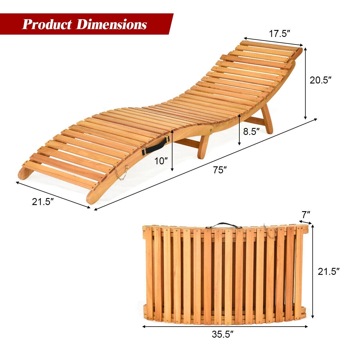 Chaise longue pliante d'extérieur Gymax 2 pièces en eucalyptus avec - Voir les détails